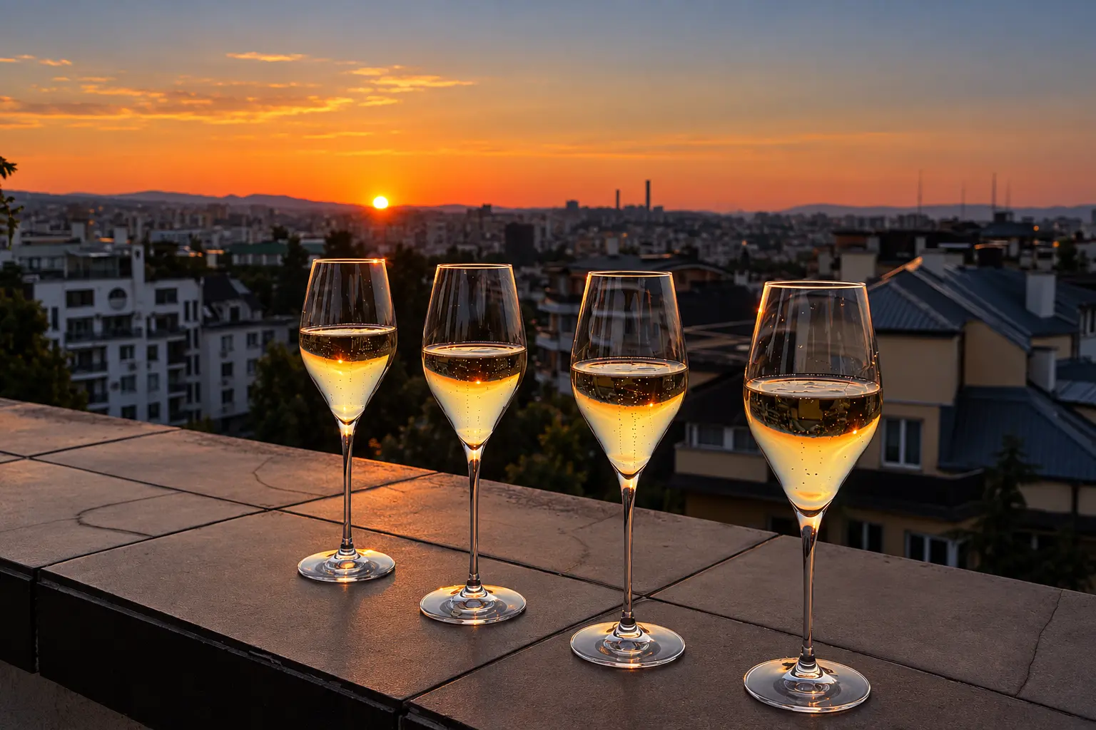 Four glasses on a terrace ledge as the sun sets over Sofia