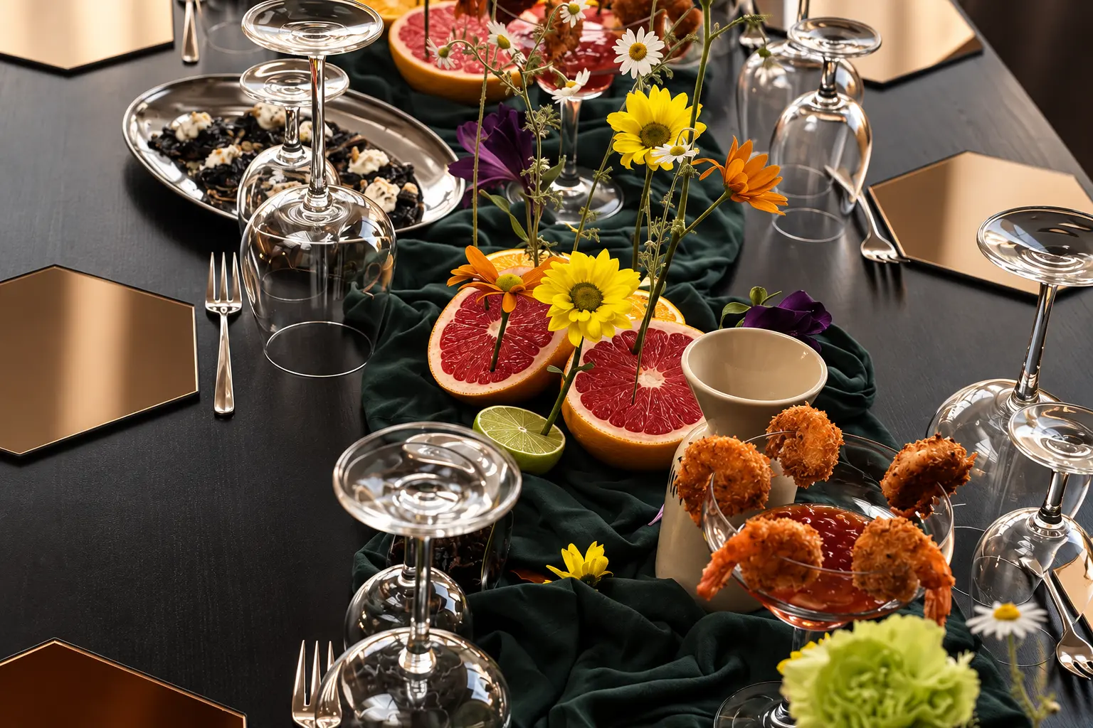 The long table laid for the evening — glassware, brass and citrus on dark wood