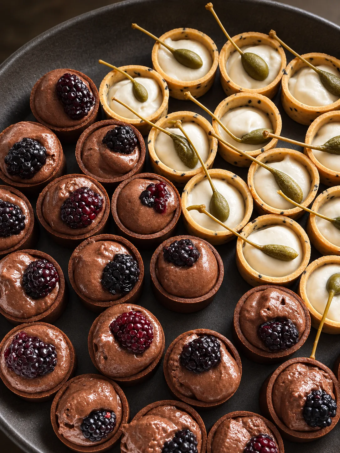 Rows of savoury and chocolate tartlets on a dark ceramic plate